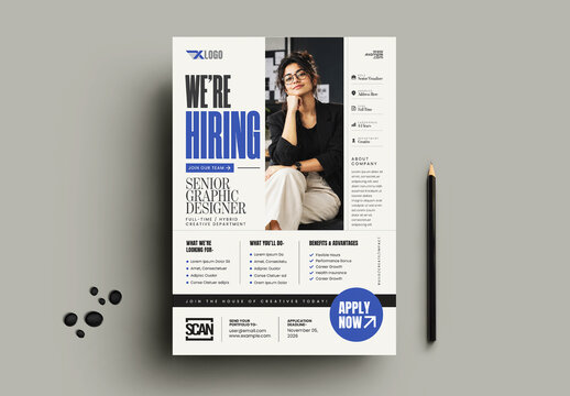 Modern Graphic Designer Hiring Flyer Template with Blue Typography