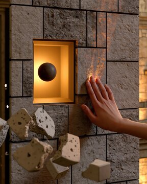 Hand interacts with glowing portal embedded in stone wall with falling debris.