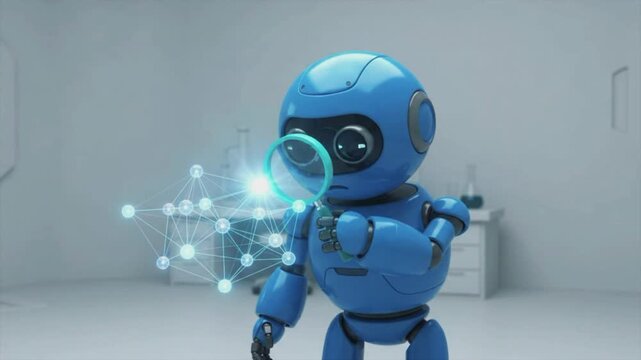 Cute blue robot scientist analyzing glowing neural network with magnifying glass in lab