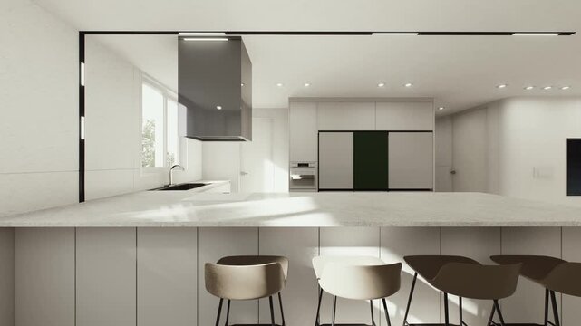 Modern Minimalist Kitchen Interior with Island and Natural Sunlight