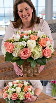 A woman smiles while holding a beautiful floral arrangement in a woven basket.