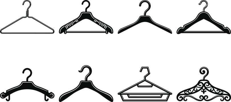 Collection of eight various clothes hangers featuring wire, wooden, plastic, and decorative styles on a white background