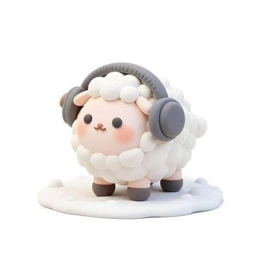 Clay sheep with earmuffs on snow hill winter