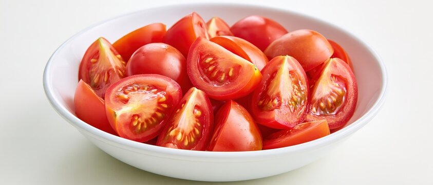 Freshly cut red tomatoes fill a white bowl.