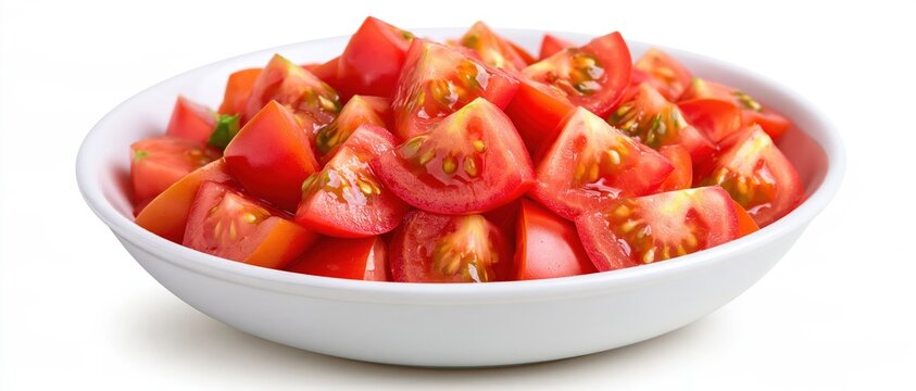 Diced red tomatoes fill a white ceramic bowl.