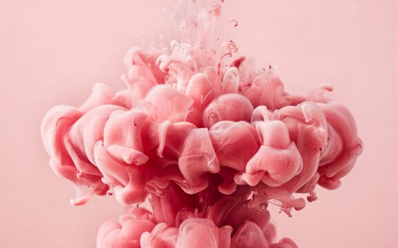 A vibrant cloud of pink ink swirling and diffusing into clear water, creating soft, organic shapes and flowing textures against a light pink backdrop