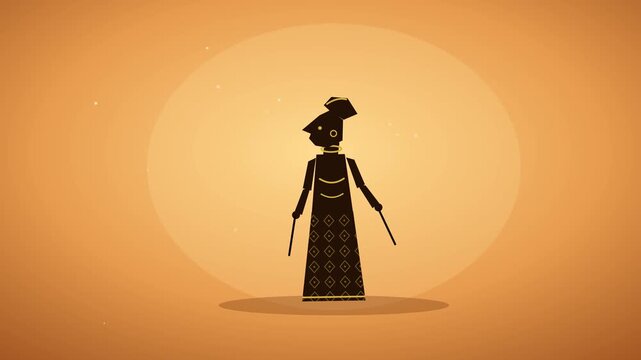 Wayang kulit shadow puppet silhouette moving on a glowing screen, traditional Indonesian puppet theatre animation