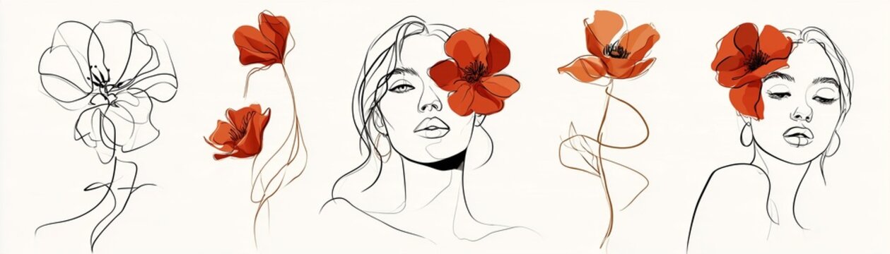 Minimalist continuous line art of elegant human faces intertwined with abstract flowers, expressive organic strokes, modern editorial illustration