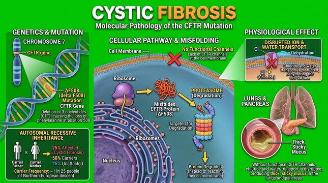 Scientific infographic showing cystic fibrosis molecular pathology