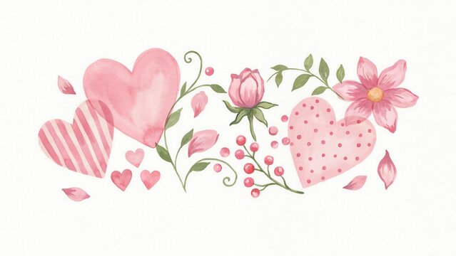 Watercolor floral border with pink hearts, roses, berries, and leaves isolated on a white background, for wedding invitations