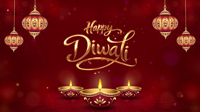 Happy Diwali Animated Gold Calligraphy Greeting with Ornamental Hanging Lanterns, Three Glowing Diyas, Red Festive Background, Decorative Mandala and Floating Bokeh Lights