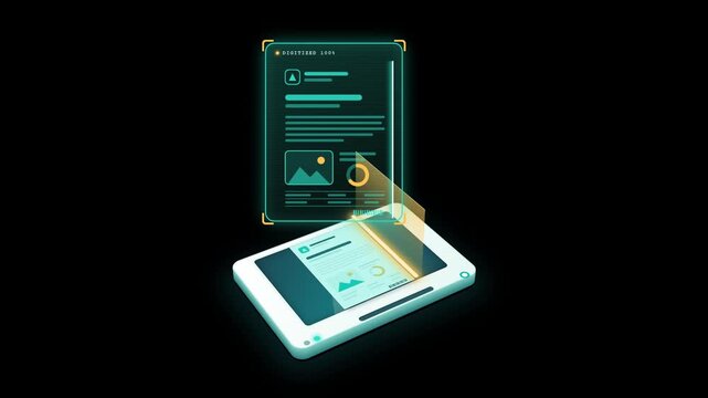 Isometric tablet scanning document on transparent background
