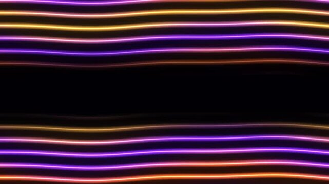 Molten orange and violet glass bands sweep in fast horizontal tides with reflective highlights, suited to stage visuals and premium abstract title backgrounds