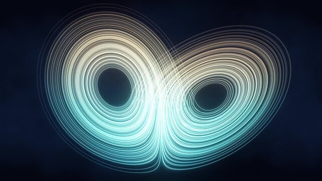Glowing Lorenz attractor trails rotating in 3D on navy
