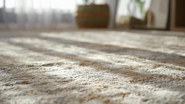 Morning light falls across a patterned rug in a room