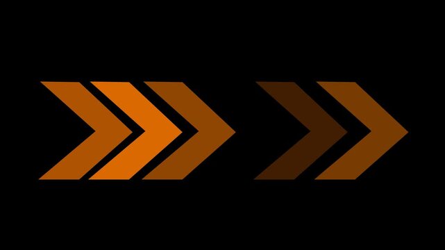 Animated chevron arrow motion video design element on black background. Orange and brown double arrow direction graphic. Perfect for infographic, intro, and presentation projects.