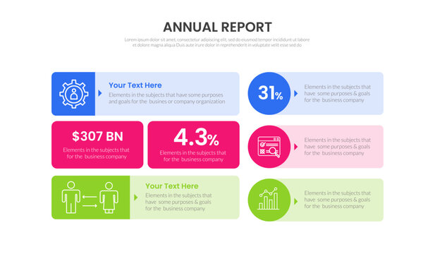 annual report infographic template with key metric dashboard percentage billion dollar icon card circle badge layout, flat style