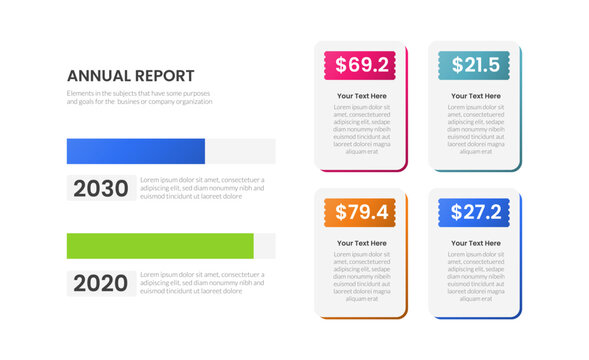 annual report infographic template with two progress bar year label and four point dollar price ticket card layout, gradient style