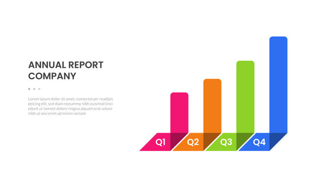 annual report company infographic template with quarterly q1 q2 q3 q4 ascending 3d bar column chart, flat style