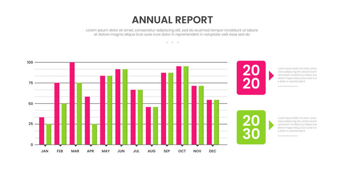 annual report infographic template with monthly double bar column chart two year comparison january to december layout, flat style