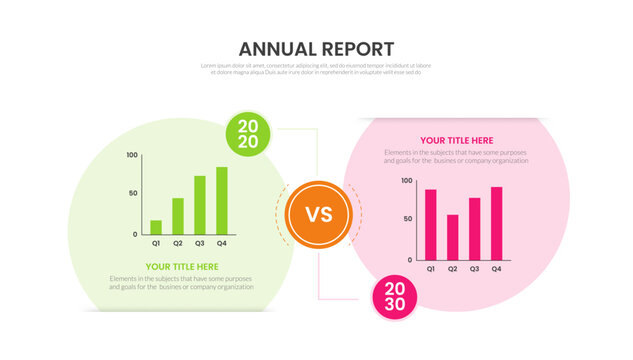 annual report infographic template with two year vs comparison quarterly bar chart circle badge layout, flat style