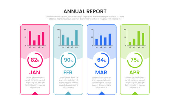 annual report infographic template with four point monthly weekly bar chart percentage ring progress card layout, flat style