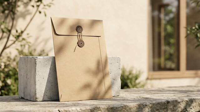 Aesthetic Mockup of a Brown Kraft Paper Envelope with String and Button Tie Closure Leaning on a Stone Block in Natural Sunlight with Soft Leaf Shadows for Corporate Branding and Stationery Design