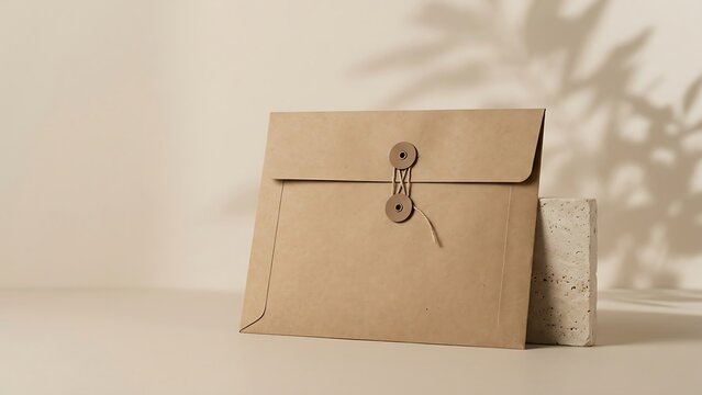 Elegant Brown Kraft Paper String and Button Closure Envelope Mockup Standing Against a Stone Block with Soft Aesthetic Leaf Shadows on a Neutral Beige Background for Stationery Design Branding