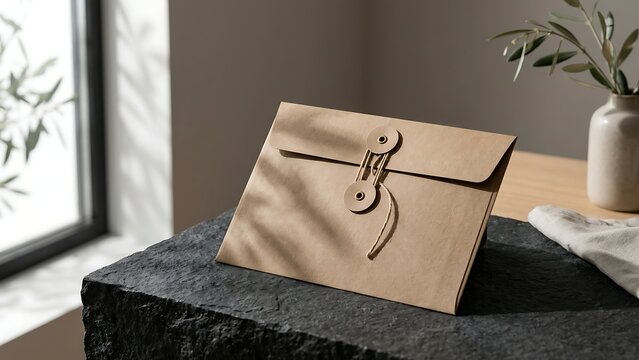 Elegant Minimalist Brown Kraft String and Button Envelope Placed on a Rough Black Stone Surface with Natural Window Shadows for Professional Document Packaging and Stationery Mockup