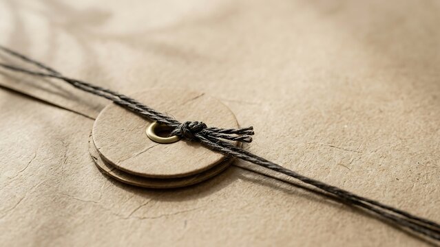 Detailed close-up of a vintage brown kraft paper document folder with a secure string tie closure and washer, featuring recycled texture and soft organic leaf shadows on the surface.