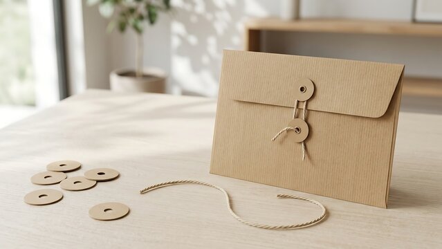 Minimalist Kraft Paper String Tie Envelope on Wooden Desk with Sunlight, Eco-Friendly Sustainable Packaging and Document Organization Concept in Bright Modern Interior Office Setting