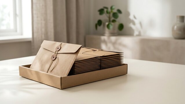 Stack of Brown Kraft Paper Envelopes with String and Button Tie Closures in a Box on a White Desk, Eco-friendly Minimalist Document Packaging for Office Stationery, Mailing and Delivery Services.