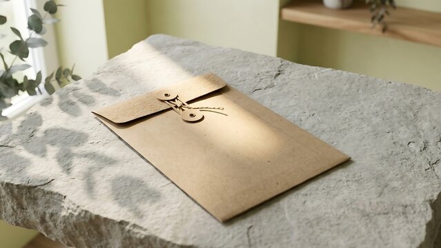 Blank Brown Kraft Paper String and Washer Tie Envelope Resting on a Textured Stone Surface with Elegant Natural Leaf Shadows and Soft Sunlight for Minimalist Professional Stationery Mockup