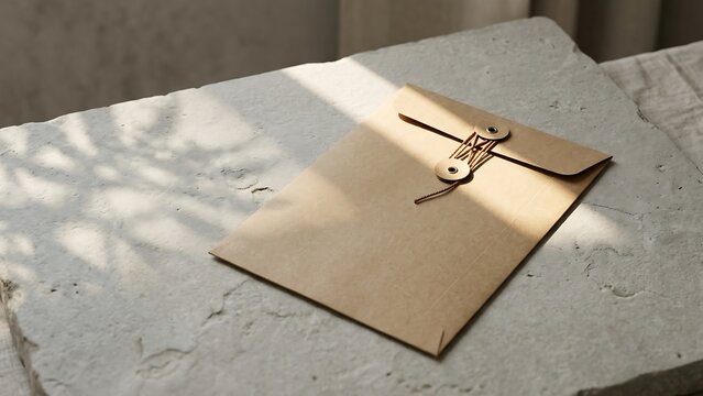 Minimalist brown kraft paper string and button envelope on a rough stone surface with aesthetic natural sunlight and leaf shadows, ideal for document mockup, mail delivery, and elegant stationary.