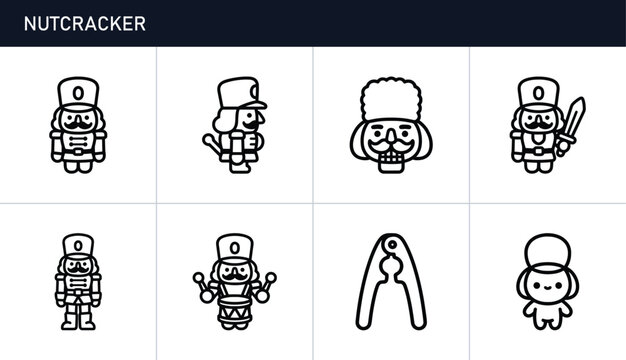 Nutcracker icons set with figures, sword, drum and nutcracker tool for holiday design
