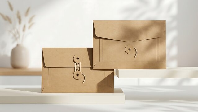 Two brown kraft string and washer envelopes on minimalist white podiums with aesthetic leaf shadows for corporate identity, eco-friendly branding, and professional stationery mockup presentation.