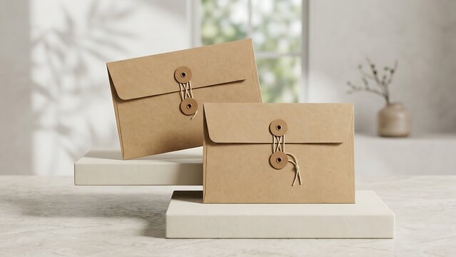 Two blank brown kraft paper envelopes with string and button tie closure sitting on white minimalist podiums in a bright, modern interior setting, perfect for branding and stationery mockups