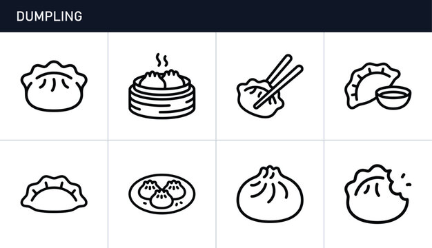 Dumpling line icons set with various types and dipping sauce, Asian food for menu