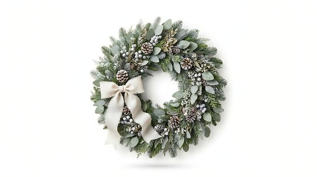 Christmas wreath with pine cones and white berries isolated on white background