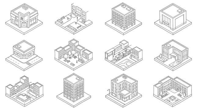 A graphical arrangement of isometric building icons presents various architectural styles and urban configurations, ideal for illustrating cityscapes and development plans.