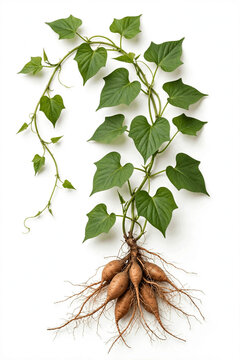 green leaves isolated on white background Sweet potato plant with tubers Ipomoea batatas whole vine with roots and tubers isolated on white