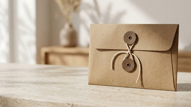 Elegant brown kraft paper envelope with string and button closure standing on a marble table in a bright minimalist room, concept of eco-friendly packaging and professional stationery design.