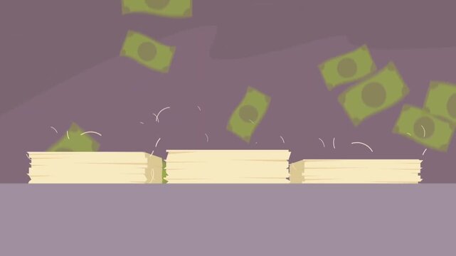 Green paper banknotes falling and stacking into neat piles of cash against a purple background
