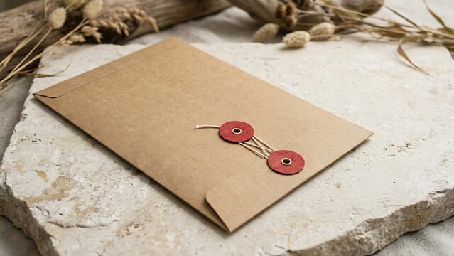 Elegant Brown Kraft Paper Envelope with Red String and Washer Tie Closure Placed on a Natural Stone Surface with Dried Flowers, Perfect for Minimalist Stationery Branding and Document Mockups