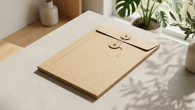 Blank brown kraft paper envelope with string and button closure lying on a minimalist light grey desk in a bright room with plant shadows, perfect for corporate branding and document storage mockup.