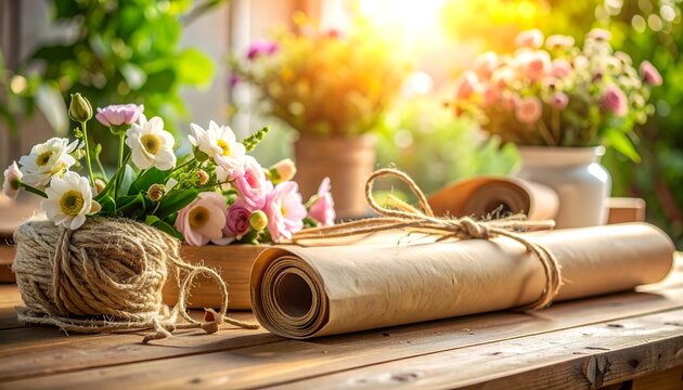 Rollos de papel kraft con cuerda sobre mesa de madera y flores al fondo