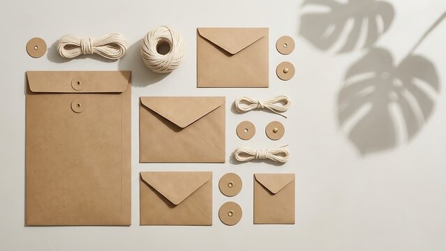 Minimalist stationery mockup featuring various sizes of brown kraft paper envelopes with string and washer closures, white twine bundles, and soft monstera leaf shadow on a clean background.