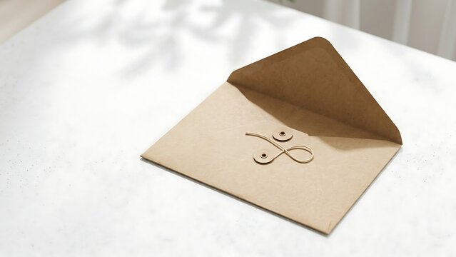 Minimalist open brown kraft paper envelope with string and washer closure on white marble surface with soft natural leaf shadows, professional stationery mockup for document and invitation