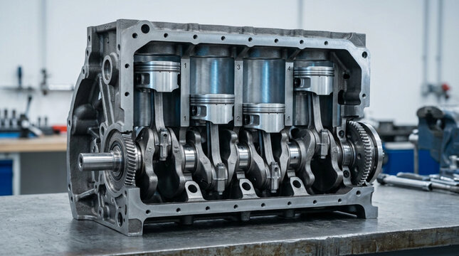 Detailed cutaway view of a four-cylinder internal combustion engine block showing internal pistons, connecting rods, and crankshaft assembly on a workbench in a workshop.