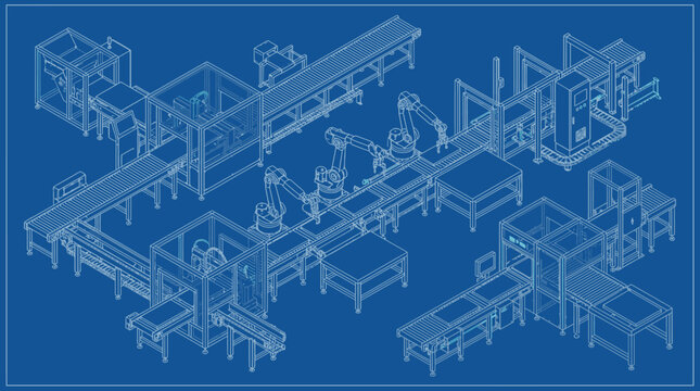 A conceptual blueprint displays a sophisticated automated assembly line featuring robotic manipulators and extensive conveyor networks for industrial operations.